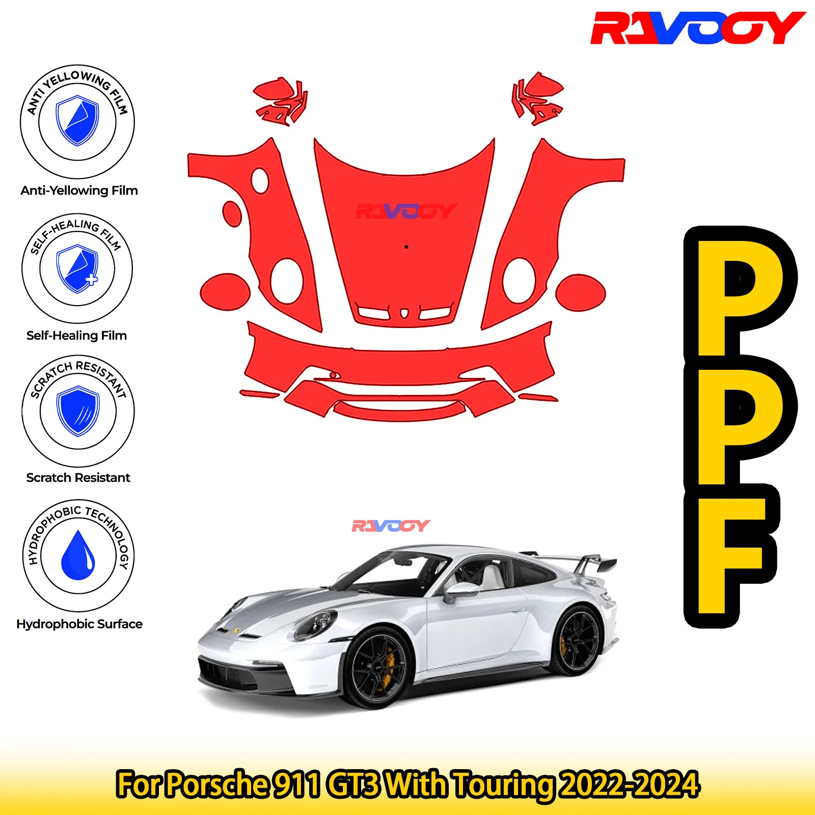 

For Porsche 911 GT3 With Touring 2022-2024 Glossy Matte Black Precut front PPF Kit Paint Protection Film
