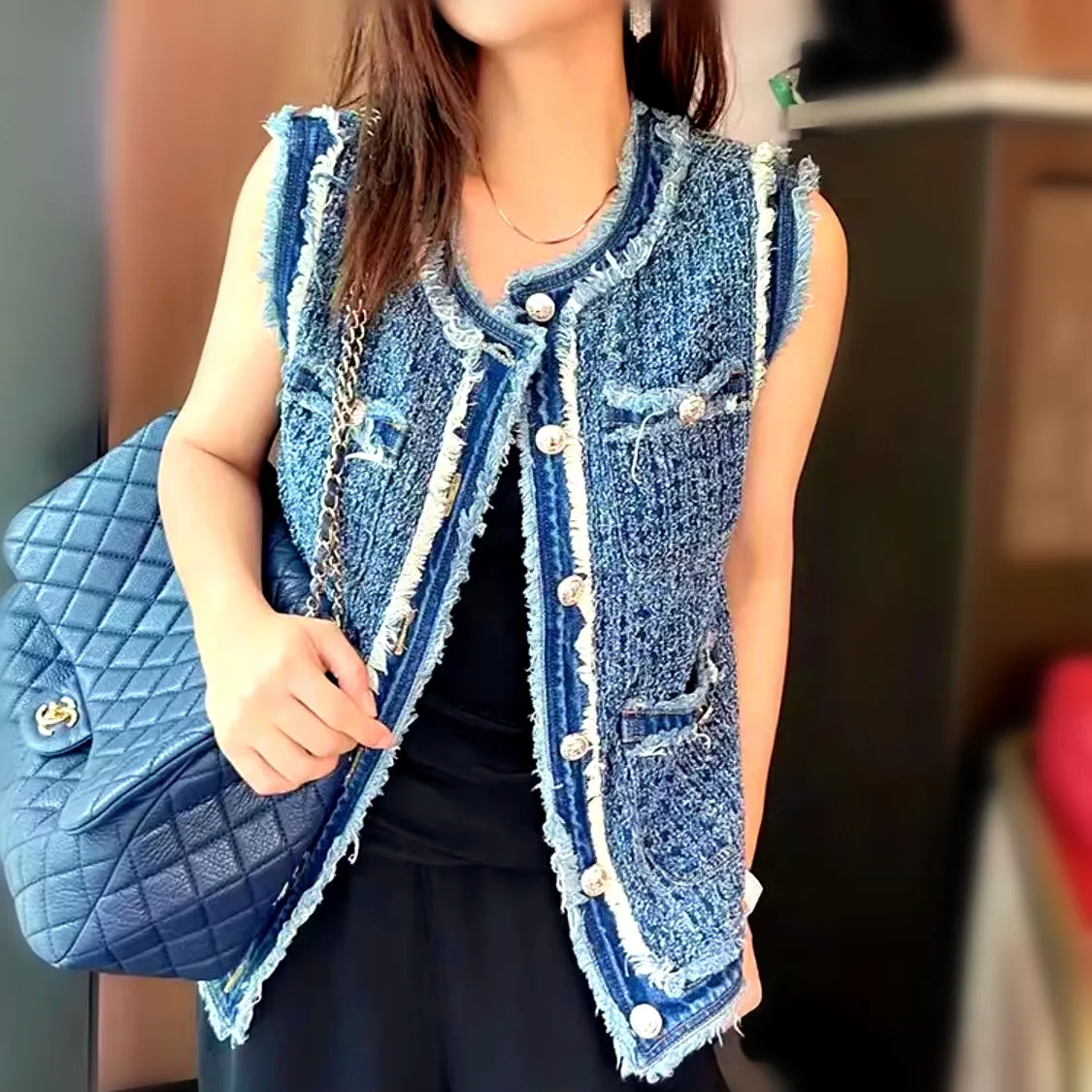 

Женский повседневный жилет без рукавов, джинсовые лоскутные джинсы, пальто, женские подиумные кисточки, дизайнерские блузки, модные топы NZ272