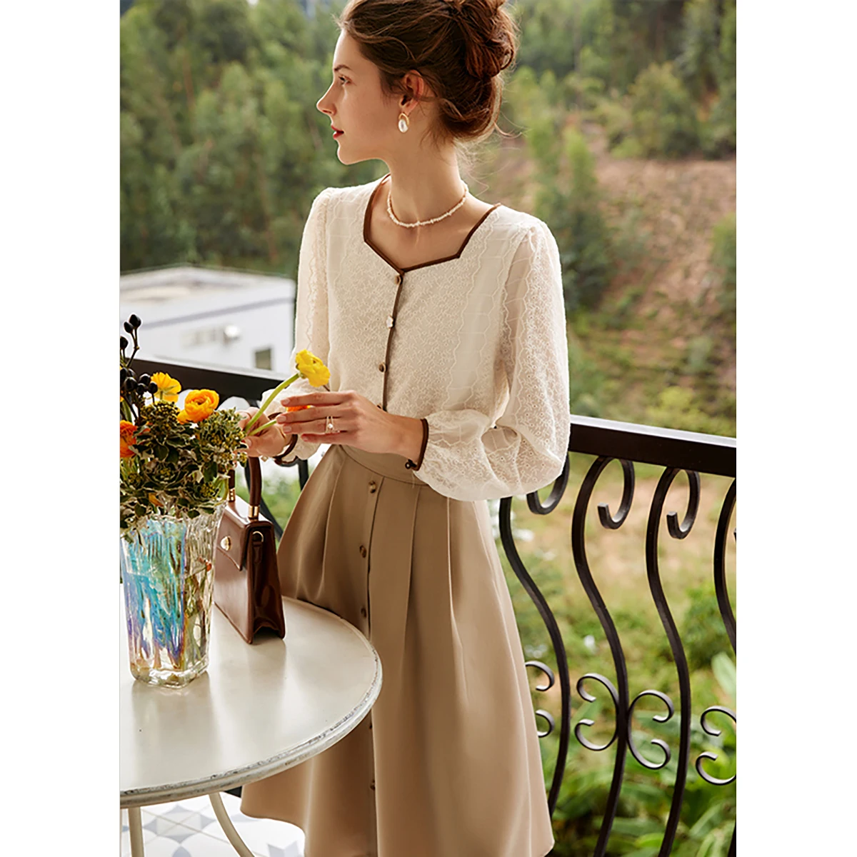 OLrain Square Neck Blouses Puffed Sleeves Chiffon Shirts 100% Cotton Women Spring Elegant Lace Bubble Cardigan Tops M56QC60528