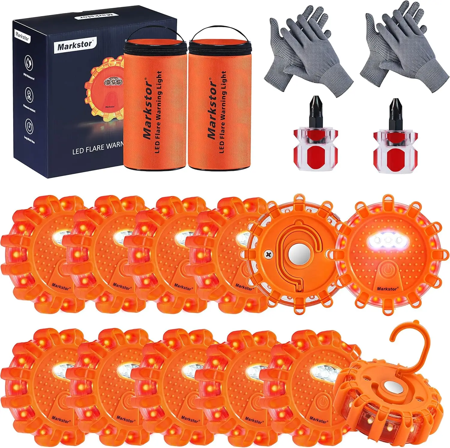 

12 Pack Amber LED Road Flares Waterproof Emergency Lights for Cars Trucks Boats with Hook