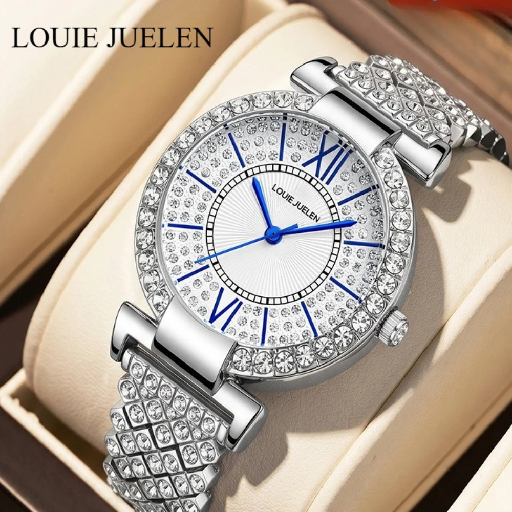 LOUIE JUELEN Women's Diamond-encrusted Quartz Watch Silver Waterproof Elegant Dress Party Ladies Wristwatch for Casual Daily Use