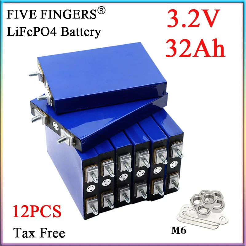 12PCS New 3.2V 32Ah LiFePO4 Battery Grade A For 12.8V 4S 24V 36V 48V E-vehicle Boat Motorcycle Tricycle Home Solar RV Cells DIY