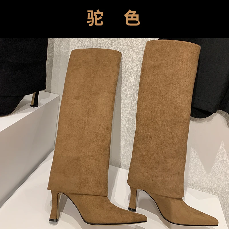 Solid Pointed Toe Long Boots Fall Fine Heel Outdoor Women Shoes Brown Knee High Botas Femininas