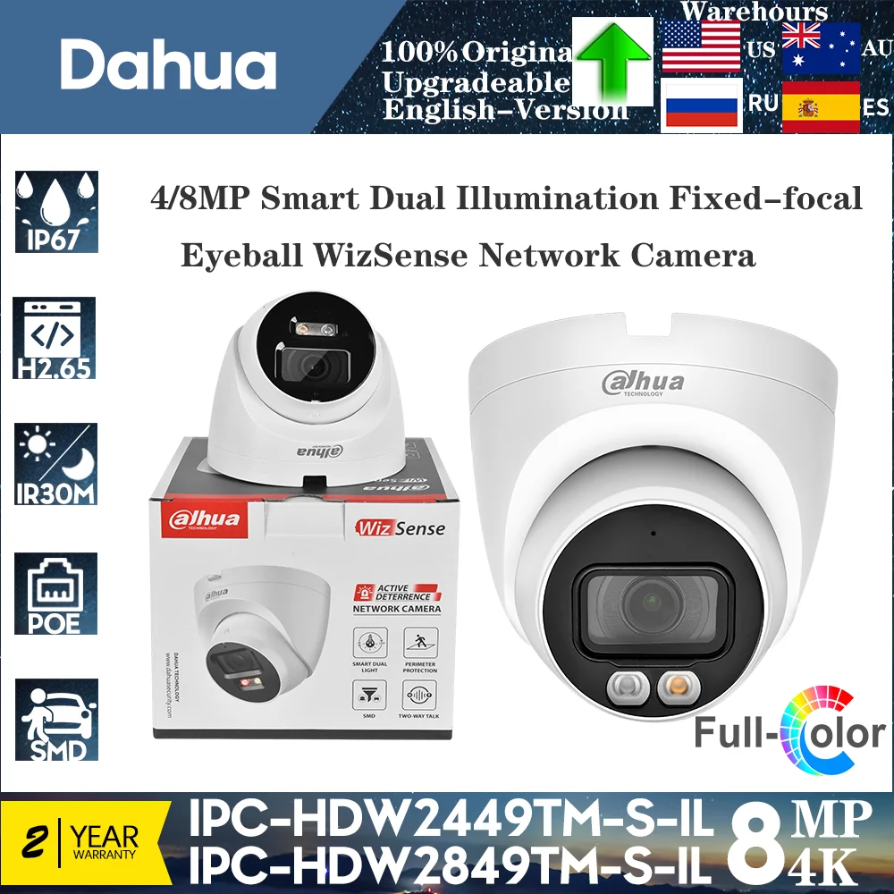 Original Dahua 4MP IPC-HDW2449TM-S-IL & 8MP IPC-HDW2849TM-S-IL Dual Light POE Full-Color IP Camera Built-in Mic SD Card WizSense