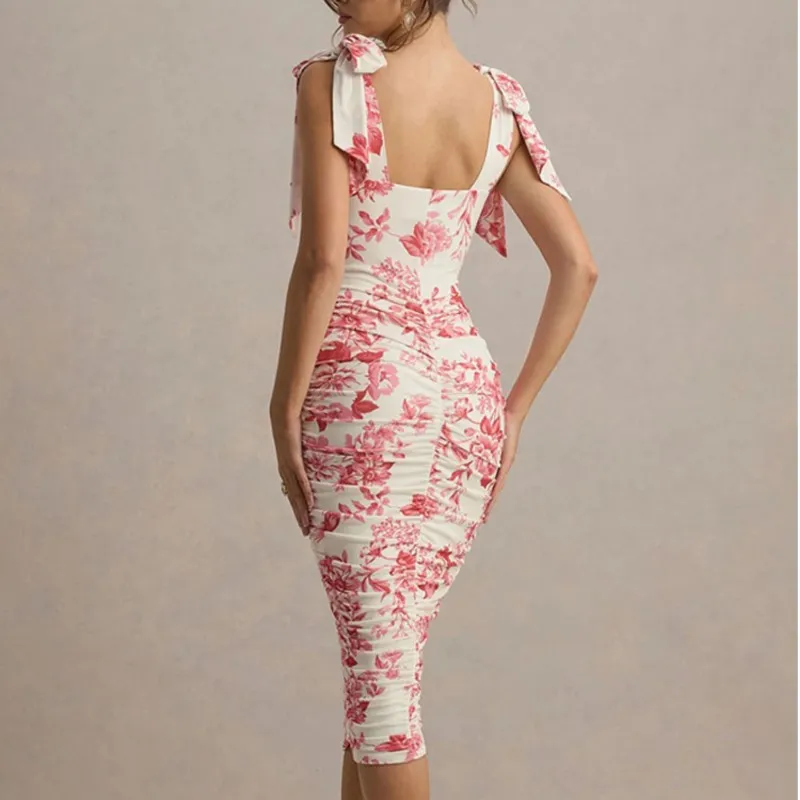 Zomer nieuwe mode woon-werkjurk Dames temperament Elegant Retro bedrukt geplooid strikje vierkante kraag mouwloze slanke jurken