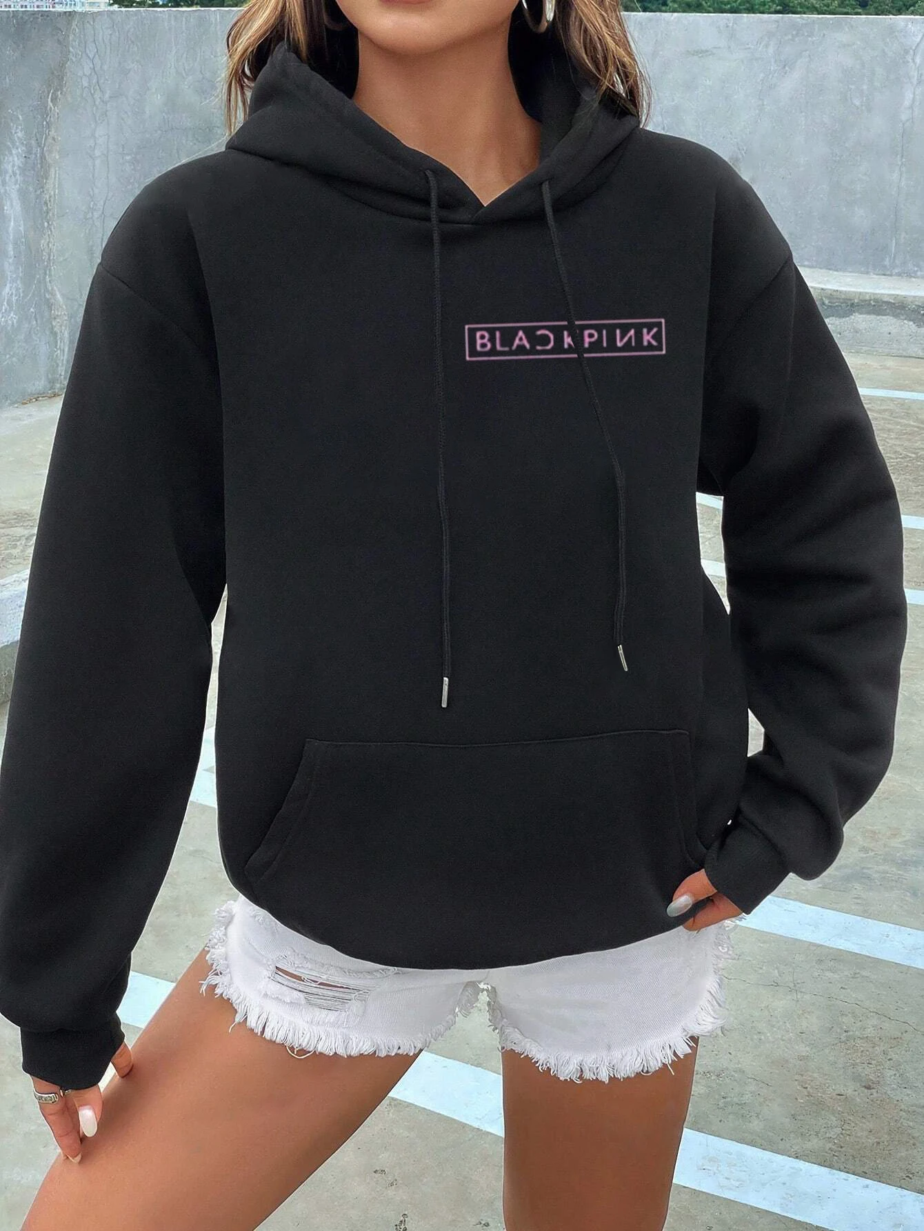 Black and Pink Letter Print Women\'s Hoodie Kpop Tide Fleece Long Sleeve Tops Harajuku Fashion Couple Autumn Women Sweatshirt