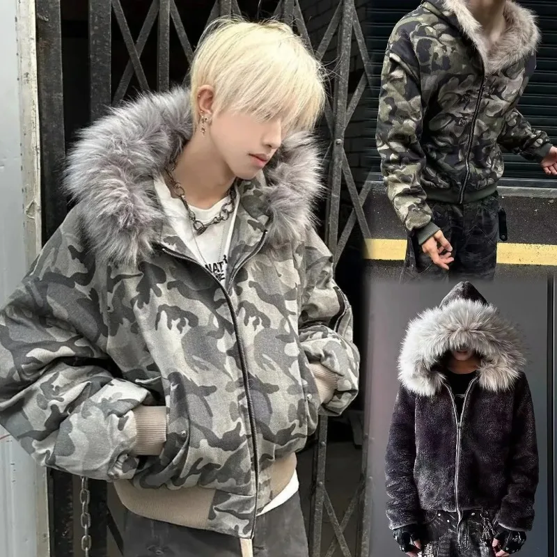 Men Winter Faux Fur Hooded Short Parka Jacket Thick Padded Solid & Camouflage Retro Aesthetic Casual Daily Street Winter Coat