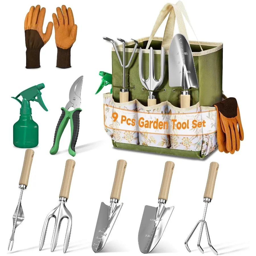 

Набор садовых инструментов из 9- предметов с сумкой и ручным шпателем, грабли, лопатой, сверхмощным садовым набором из нержавеющей стали для уличного автомобиля с растениями