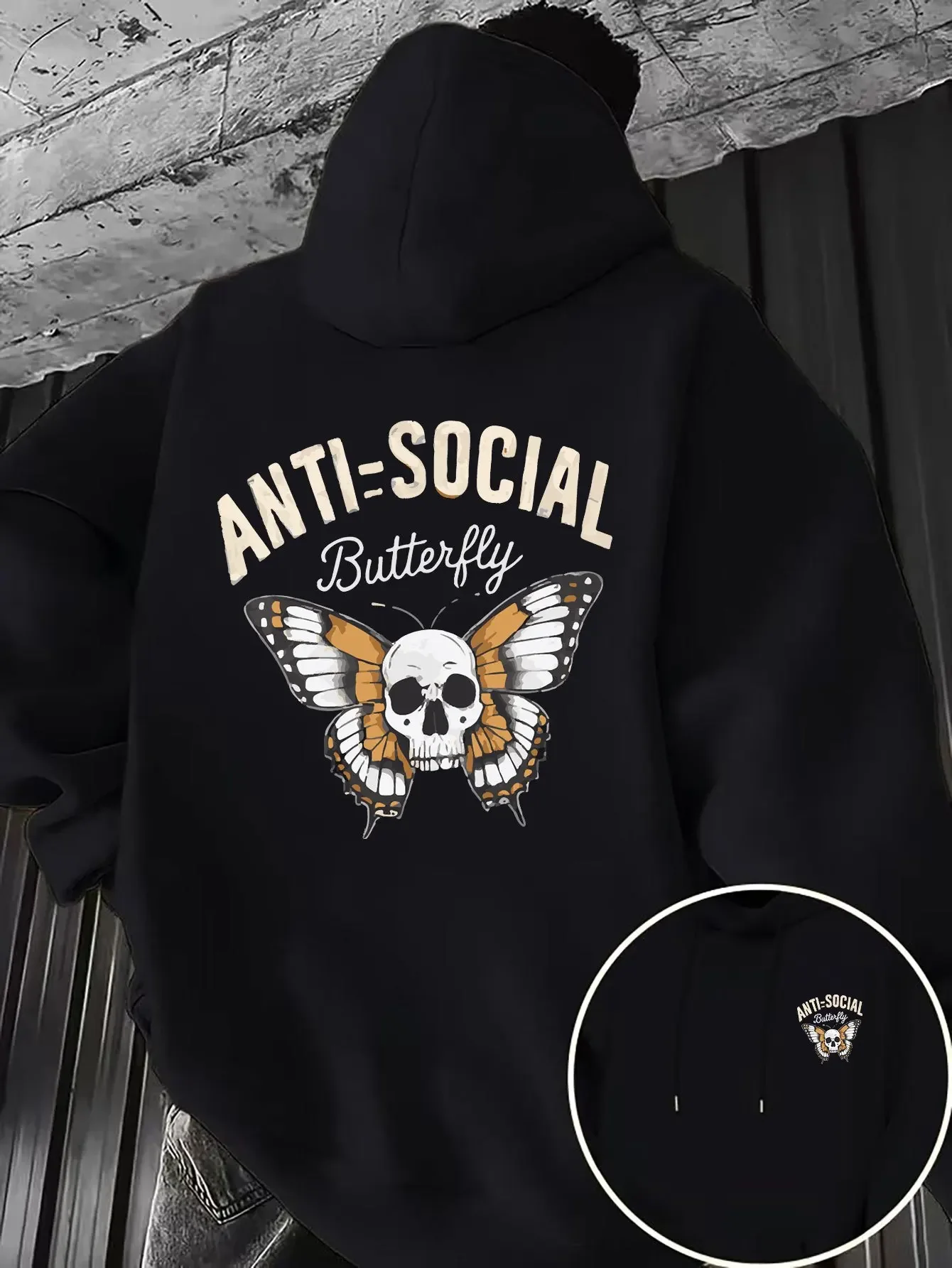 Vintage Skull Monarch Butterfly Graphic Hoodie Anti Social Butterfly Letter Art Sweatshirt Casual Street Style Unisex Oversized