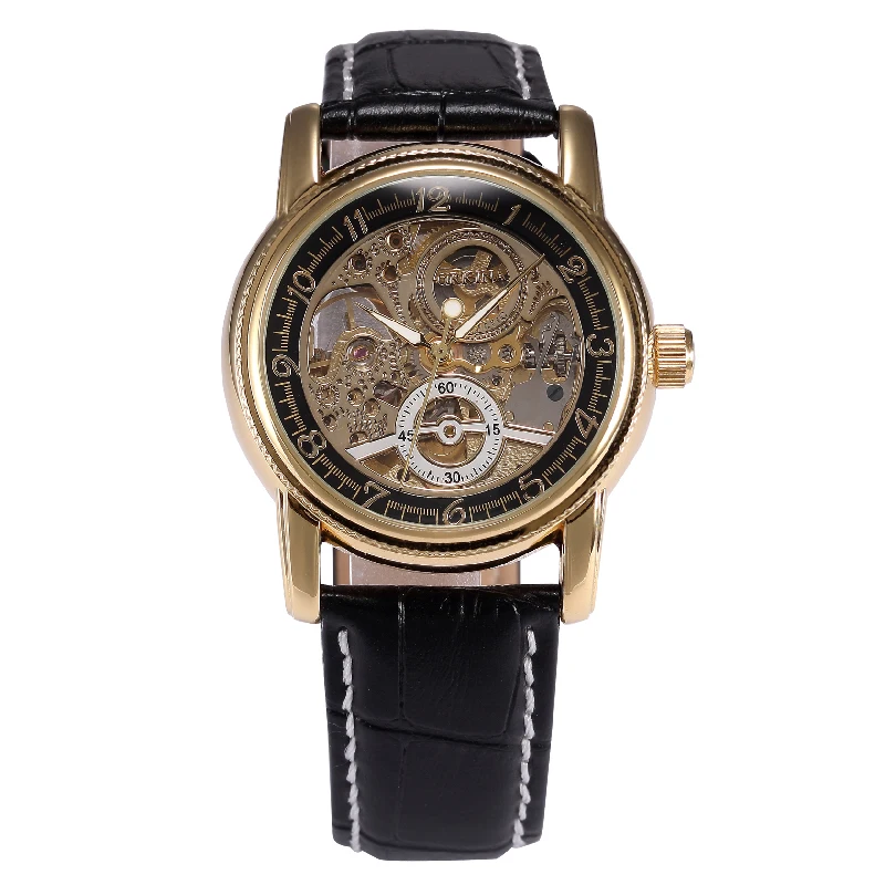 ORKINA Automatic Men Watch Self-wind Mechanical Fashion Casual Skeleton Luxury Black Gold Dial Leather Band Male Wristwatch Gift