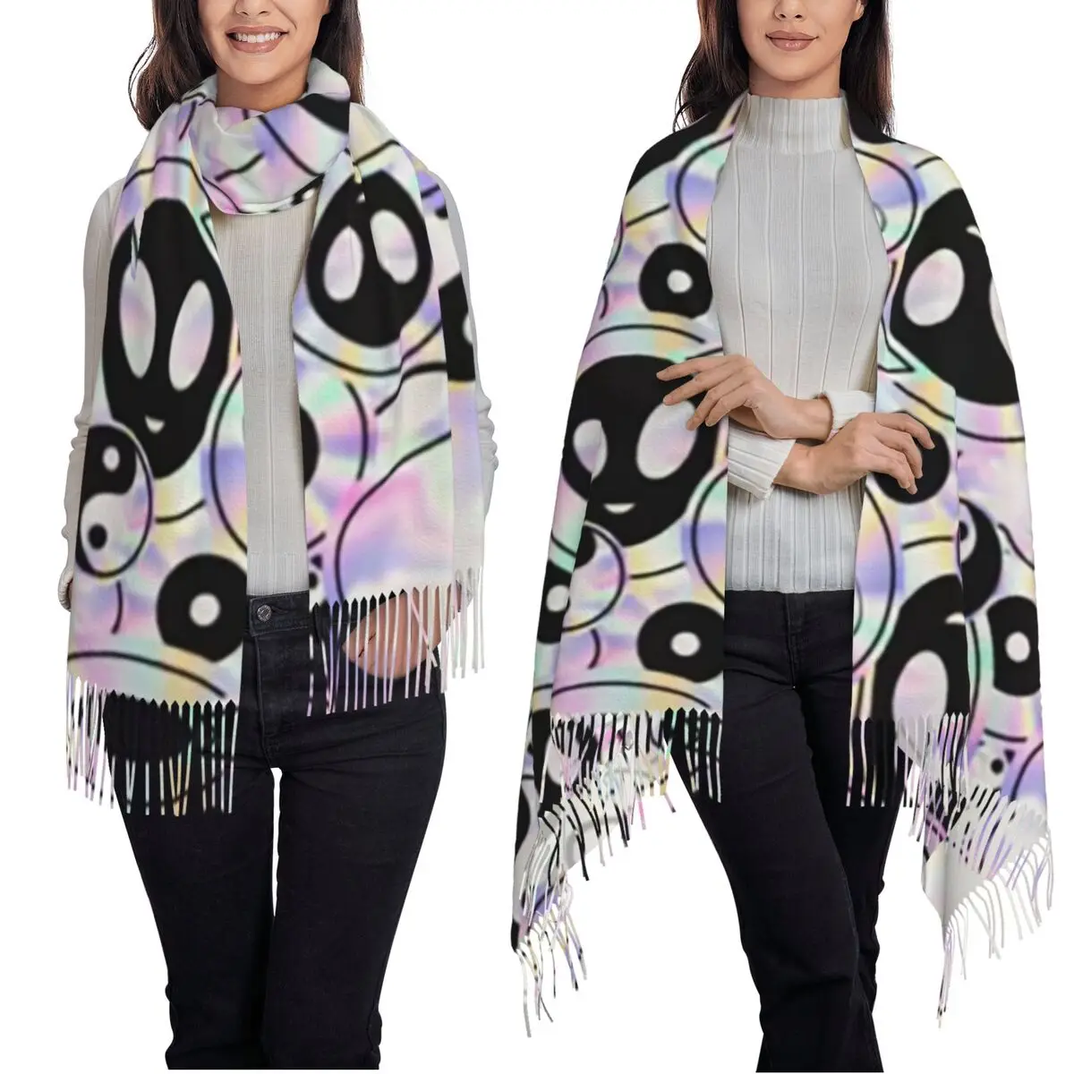 Estilo psicodélico alienígena holográfica alienígenas cachecol borla cachecóis feminino macio quente xales e envoltórios grande outono inverno xale envoltório