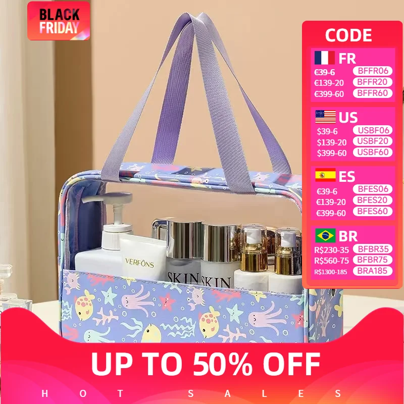 Sac cosmétique transparent imprimé, sac à main d'épissure de grande capacité, trousse de toilette douce Macaron, sac de rangement portable de voyage