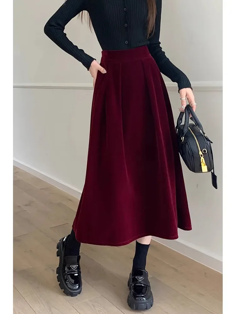 Autumn Winter Warm Red Velvet Vinatge A-line Skirts for Women Elegant High Waist Black Ladies Fashion Midi Pleated Skirt Faldas