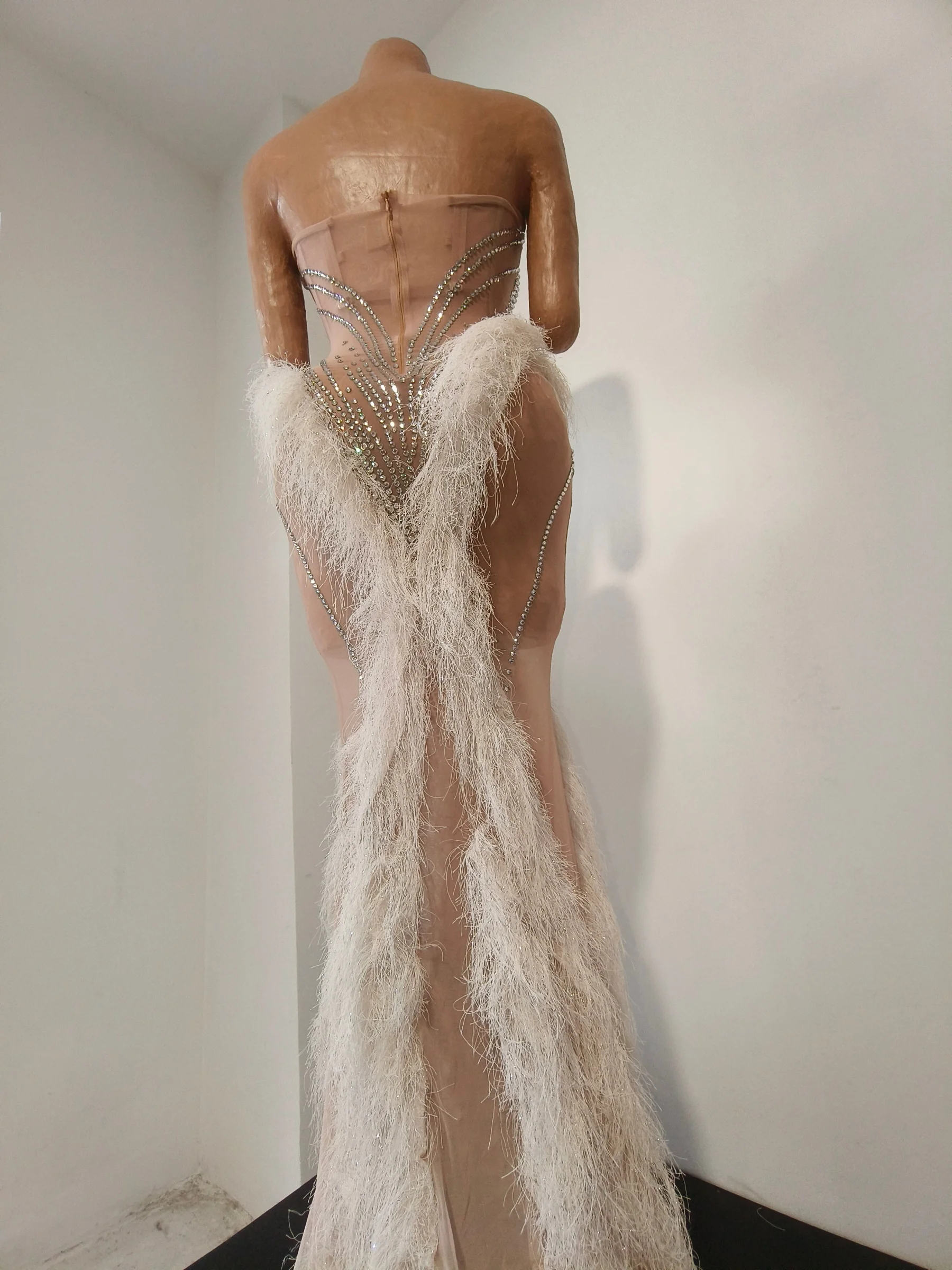 Fengwei Luxury Silver Crystal Rhinestone Feather Mermaid Gown Strapless Sheer Mesh Women Birthday Pageant Long Dress
