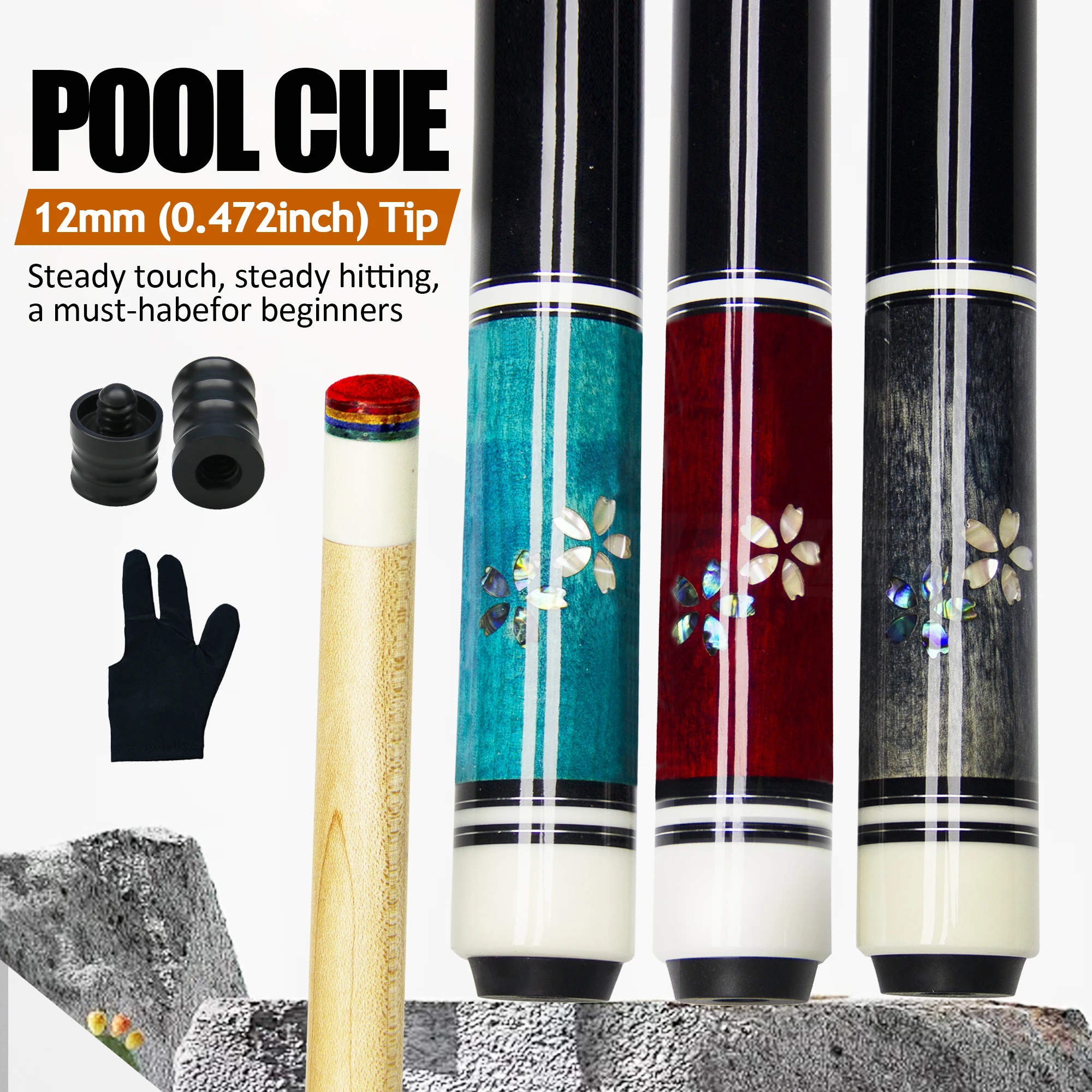 57.44 inch Inlaid seashell maple wood billiards pool cue stick blue red gray options 12mm elastic tip durable straight sweatpro