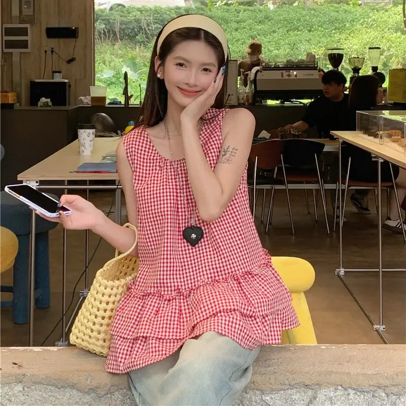 

Kimotimo Chic Red Plaid Sleeveless Ruffled Shirt Women 2025 Summer Sweet Loose Tops Japanese Y2k Versatile Casual Blouse Camisas