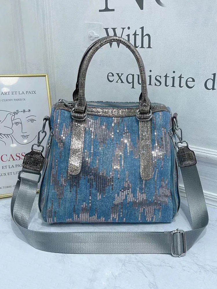 

Модная женская джинсовая сумка через плечо, потертая водой, с блестками и бусинами, портативный кошелек на одно плечо в европейском и американском стиле
