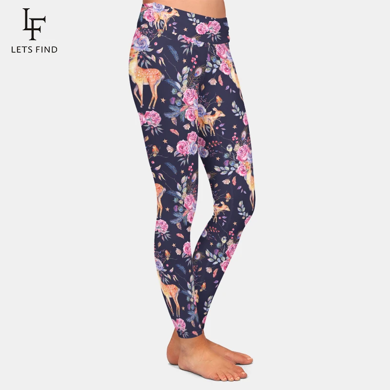 LETSFIND Cute Deer and Flowers Pattern 220gsm Double Side Brushed Milk Silk Print Women Leggings High Waist  Leggings