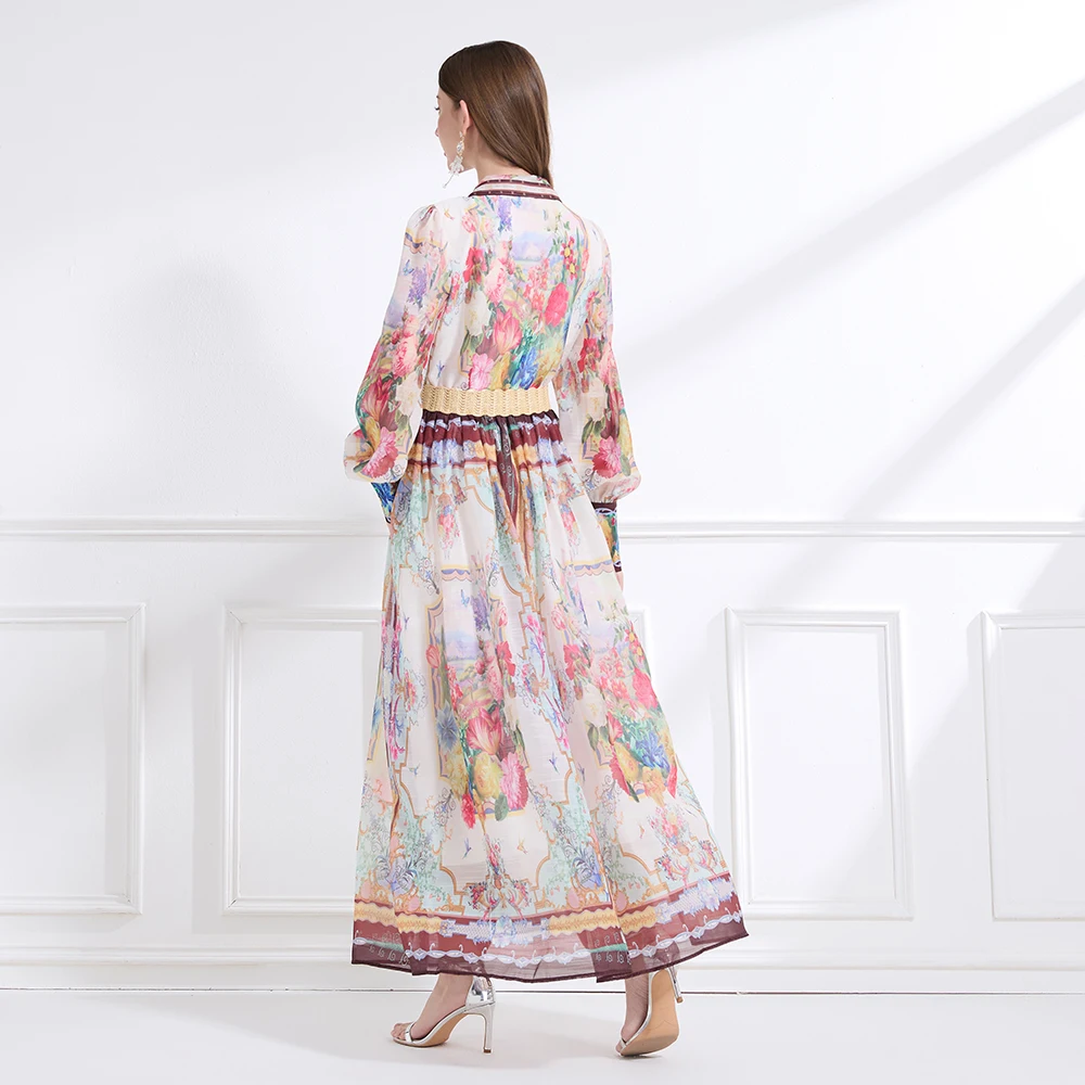 Długi płaszcz Ele Long Sve Lantern Sve Print Dr 2025 Holiday Sle Suit Collar Bell, z podkreśloną talią, maxi, dla kobiet