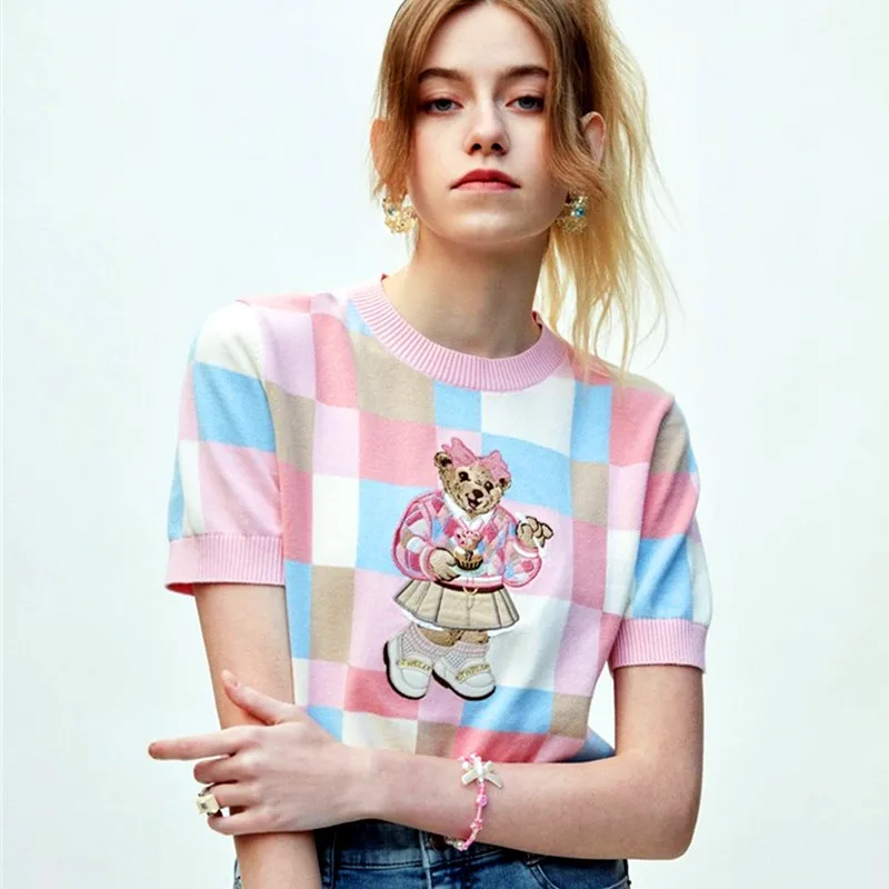 

Summer Women Knitted Cartoon Embroidery Short Sleeve Female Casual Knitting Tee Pink Plaid Crop Tops Women's T-Shirts NZ281