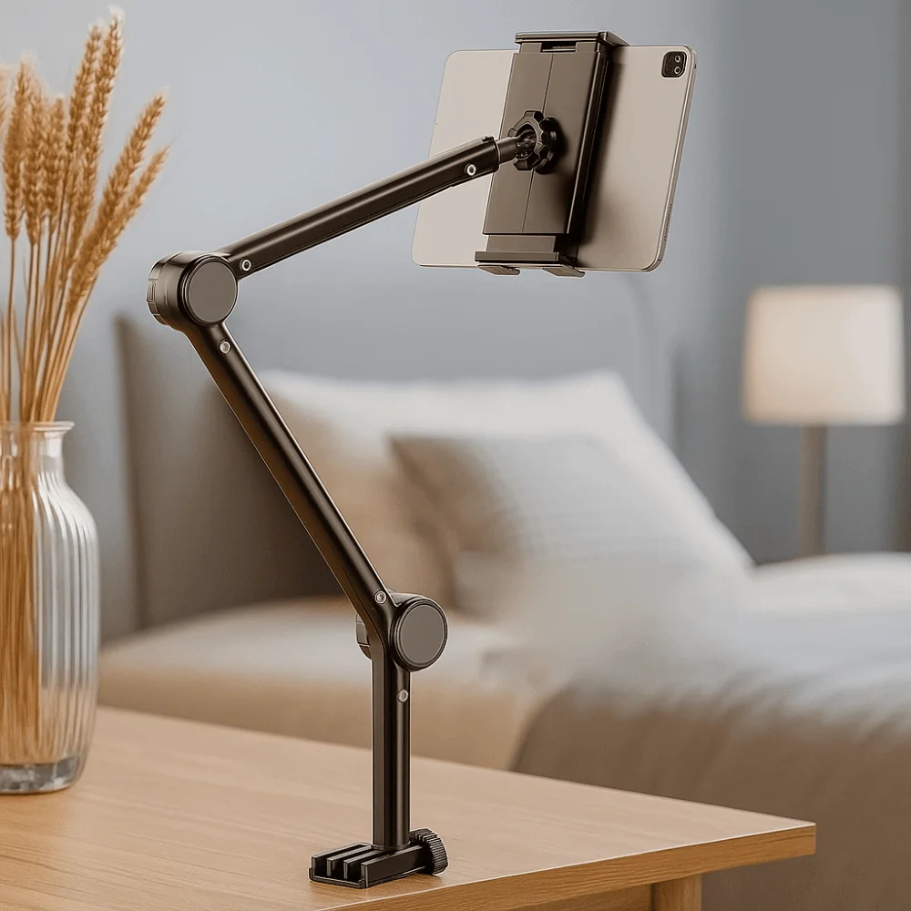 Carbon Steel Phone Tablet Holder 360° Rotating Foldable Pad Tablet Bracket Adjustable with Metal Arm Tablet Mount Stand Bed