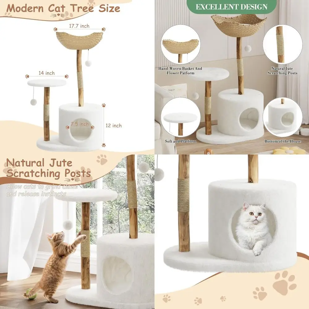 

Stylish Multi-Level Cat Tree with Plush Perch, Cozy Nest, Scratching Posts & Natural Rattan Basket - Strong Wooden Frame for Big