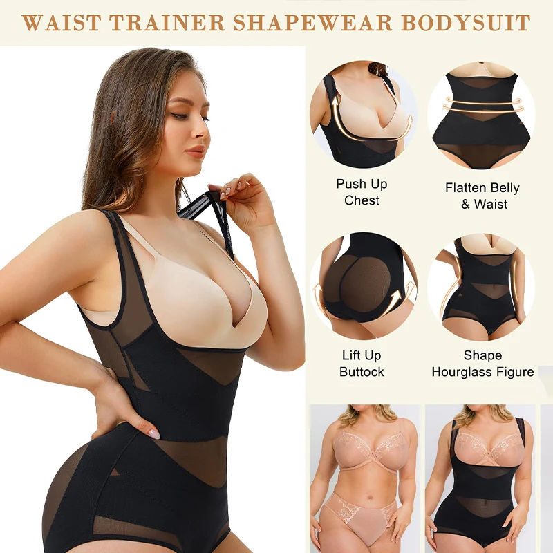 Mesh Shapewear Bodysuit for Women Tummy Control Waist Trainer Butt Lifter Panties Slimming Body Shaper Open Bust Underwear 2024