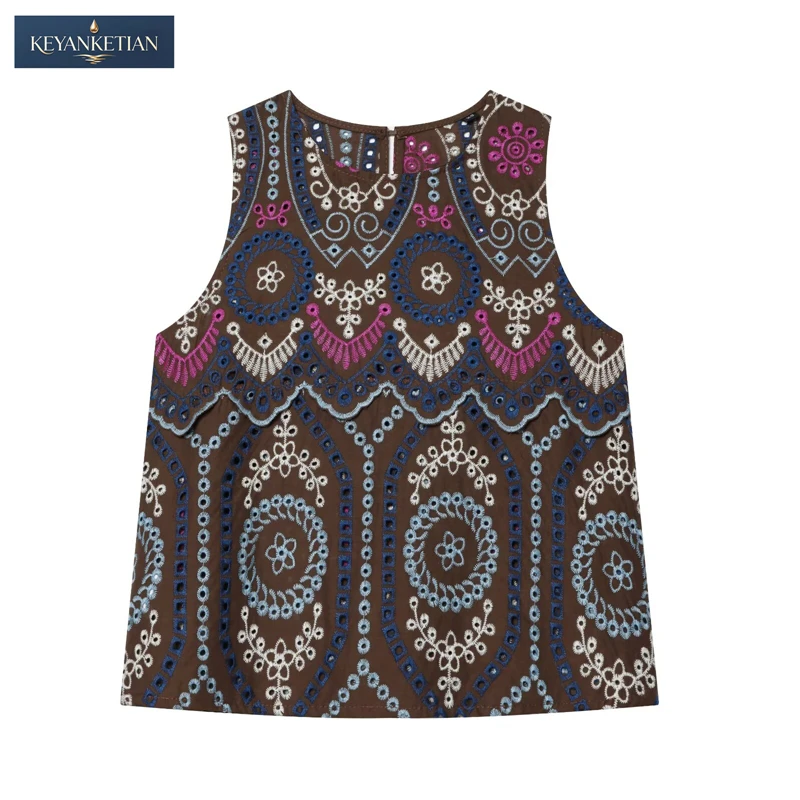 KEYANKETIAN 2026 Summer Ethnic Resort Folk Floral Cutout Cami Relaxed Cut Vest Allover Geometric Eyelet Stitch Sleeveless Top