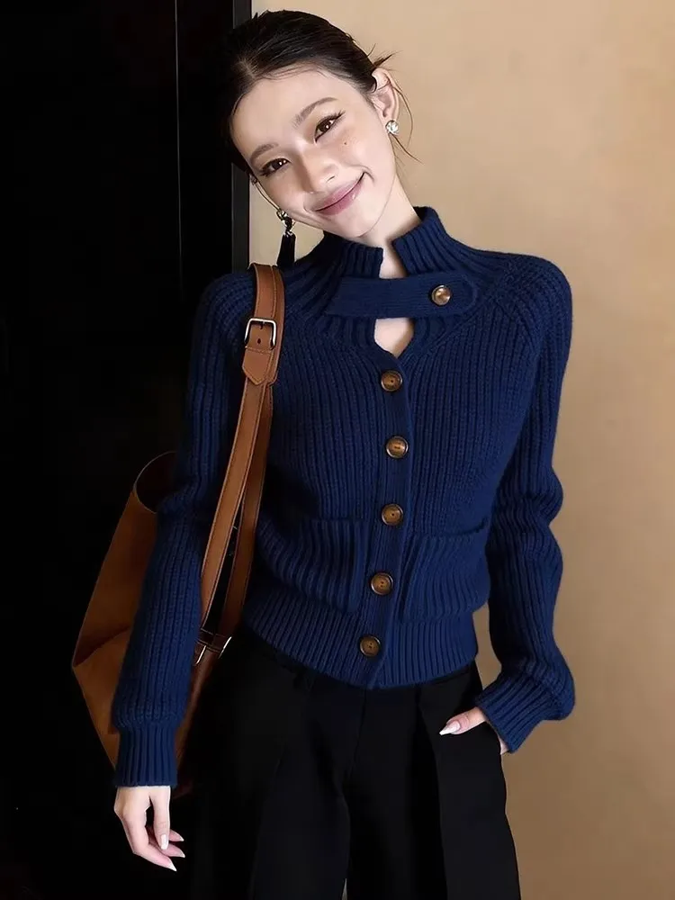 

Уютный и модный женский свитер Slim Fit с воротником-стойкой, стильный, универсальный, популярный, королевский синий, ранневесенний трикотаж