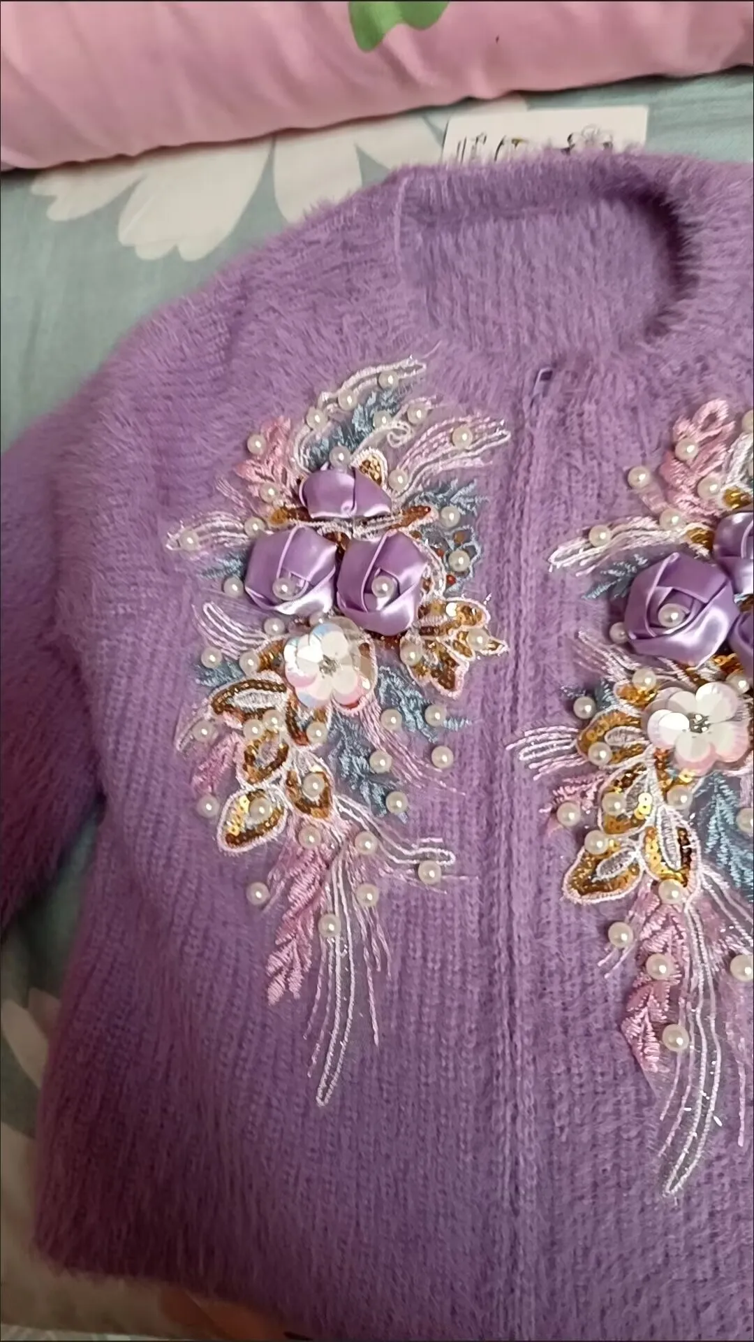 Chic Diamonds Beaded 3D Lily Flowers Embroidery Mink Fur Sweater Coat Zipper Knitted Cardigan Hairy Jacket Zippers Cardigan Tops