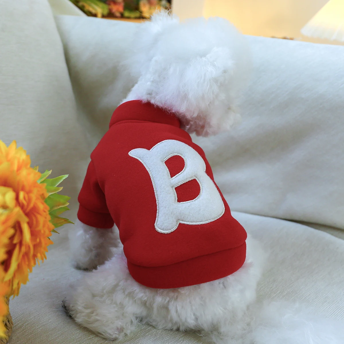 1PC pet clothing cat spring and autumn plush thickened red letter B jacket suitable for small and medium-sized dogs