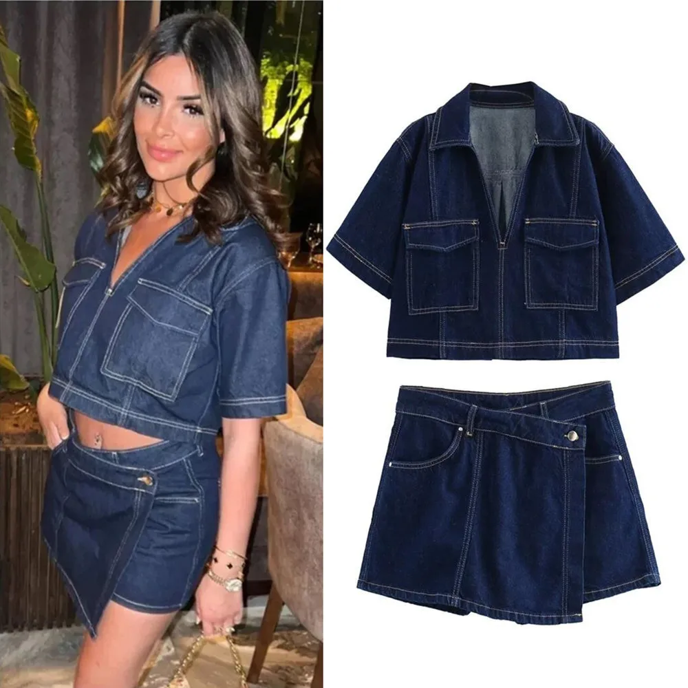 Spring New Women\'s Fashion Temperament Casual Versatile V-neck Short Denim Shirt Double Breasted Denim Skirt Set