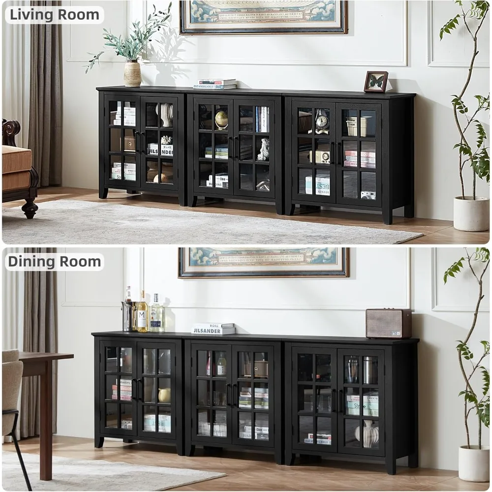 خزانة بوفيه جانبية كبيرة على طراز المزرعة مع مساحة تخزين، 32 خزانة بار نبيذ القهوة تتميز ببابين زجاجيين، مود منتصف القرن #6