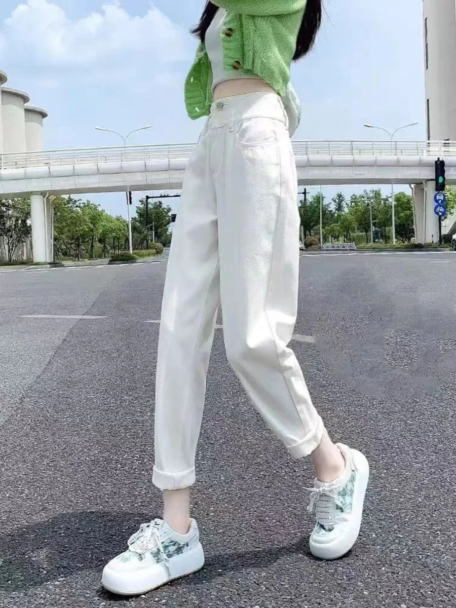 

White High Waist Harem Denim Jeans Women's Spring Autumn New 2024 Versatile Nine Point Summer Small Size Slim Dad Pants