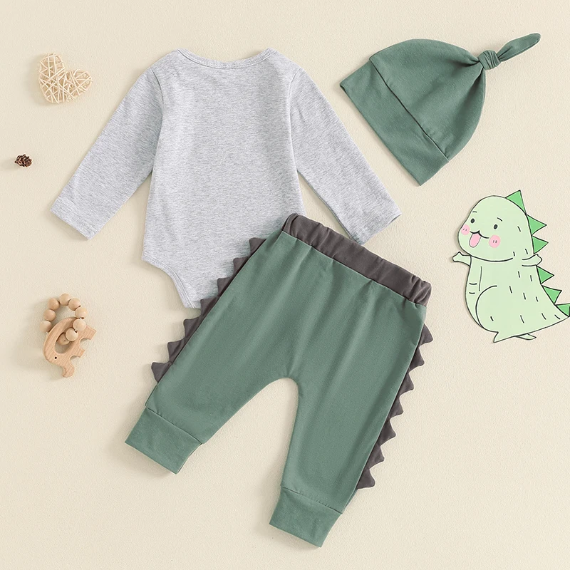 Newborn Baby Boy Coming Home Outfit Hi I\'m New Here Dinosaur Long Sleeve Romper Tops Pants with Hat 3Pcs Fall Kids Clothes Set