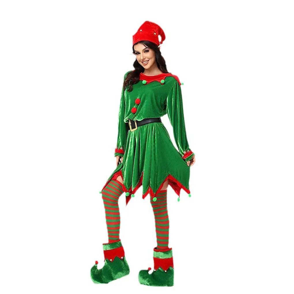 

Women Christmas Elf Costume Set Complete And Reusable Outfit Boys Girls Christmas Costume green L