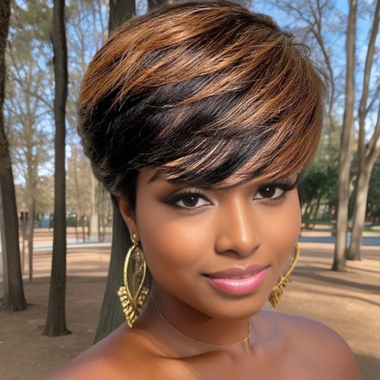 짧은 우아한 레이어드 픽시컷 인모 전체 기계식 가발 앞머리 포함 블랙/브라운 1B/30 색상