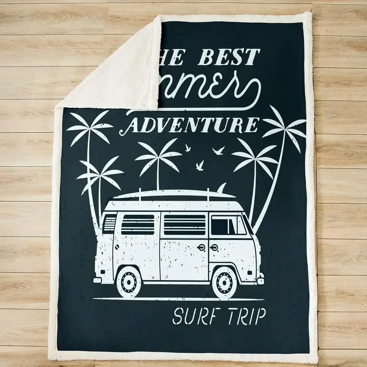 1pcSummer Camper Throws Blanket,RV Camping Ocean Travel Themed Sherpa Blanket for Girls Teens, Surf Sports Palm Trees