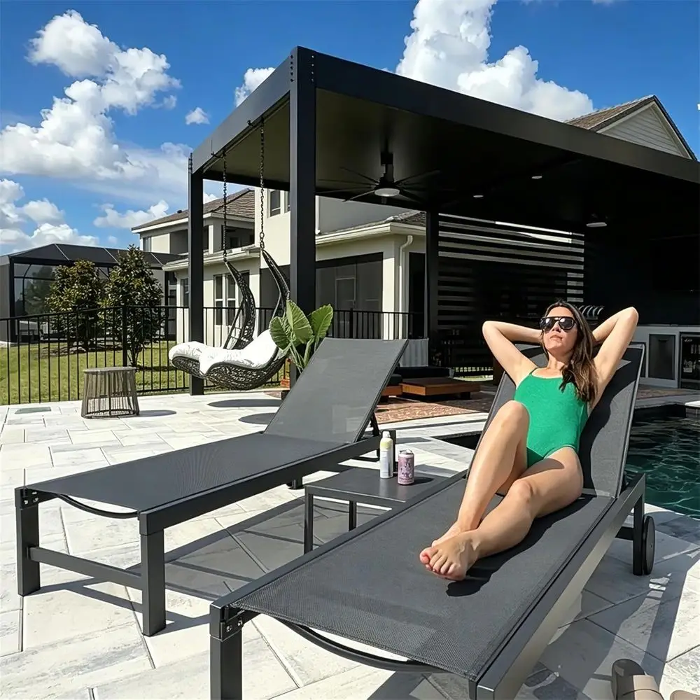 with Wheels Pool Lounge Chairs Set o 4 ade-Resistant Patio Chaise Lounge with 5 Position Recliner Includes Side Table or Deck Ya view 2
