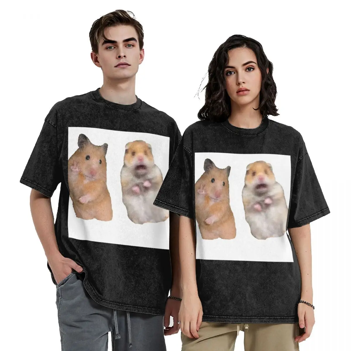 Peace Sign And Screaming Hamster Washed T Shirts Oversized Short Sleeve Hip Hop T-Shirt Streetwear Tops Tees for Men Women