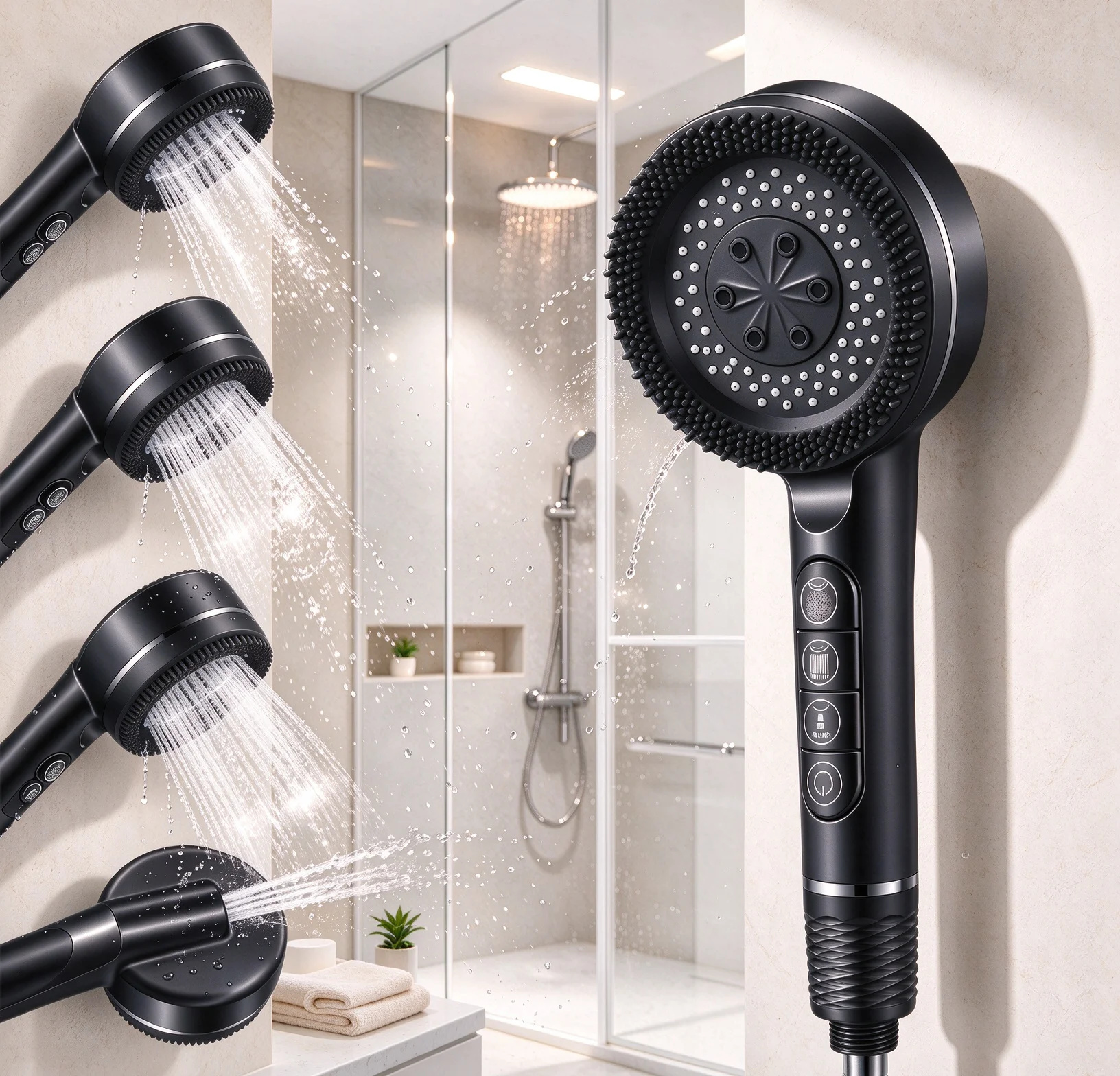 High Pressure 4-Mode ABS Handheld Shower Head Self-Cleaning Nozzles with Massage Silicone Brush Multiple Optional Attachments