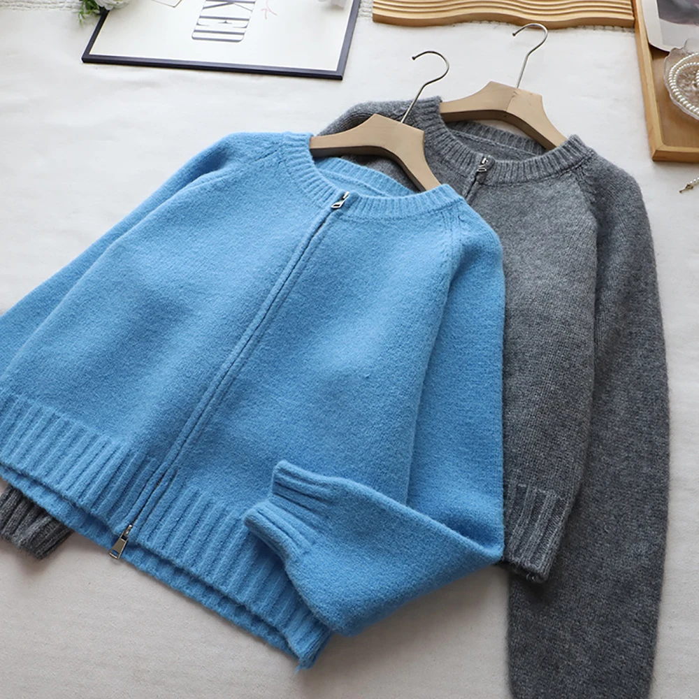 

Elegant Double Zipper Sweater Cardigans Women's O-Neck Solid Color Knitted Thick Warm Outerwears Casual All-Match Sweaters Coats