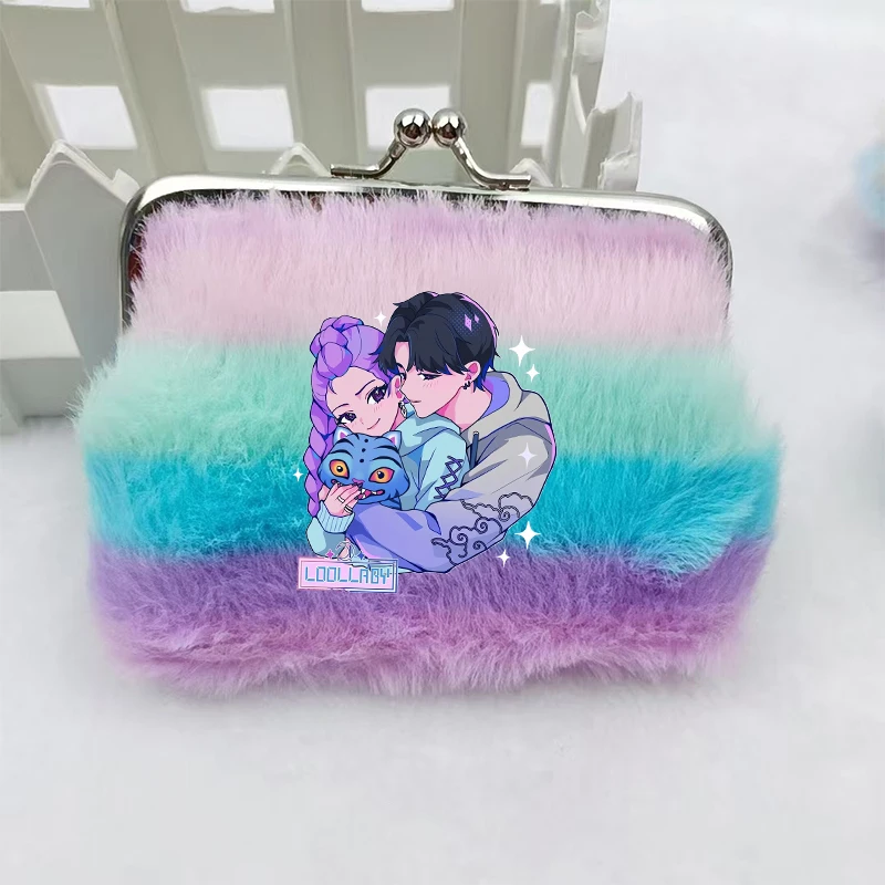 Move k-pop Demon Hunters-monedero para mujer, Mini billetera con hebilla de Color arcoíris de dibujos animados, bolsa de almacenamiento de lápiz labial de felpa para mujer, regalos