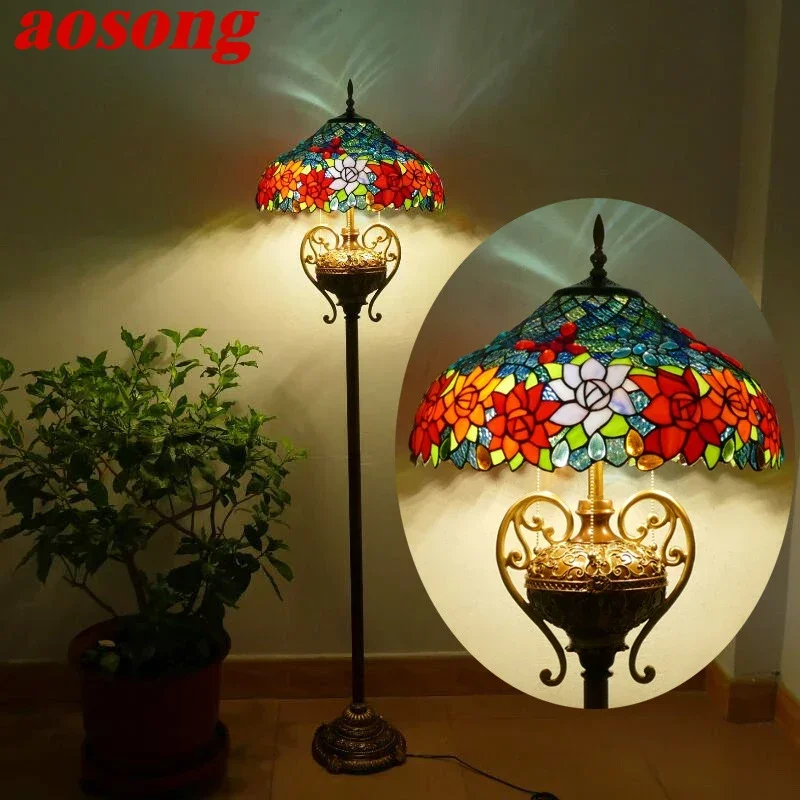 

AOSONG Tiffany Floor Lamp American Retro Living Room Bedroom Lamp Country Stained Glass Floor Lamp