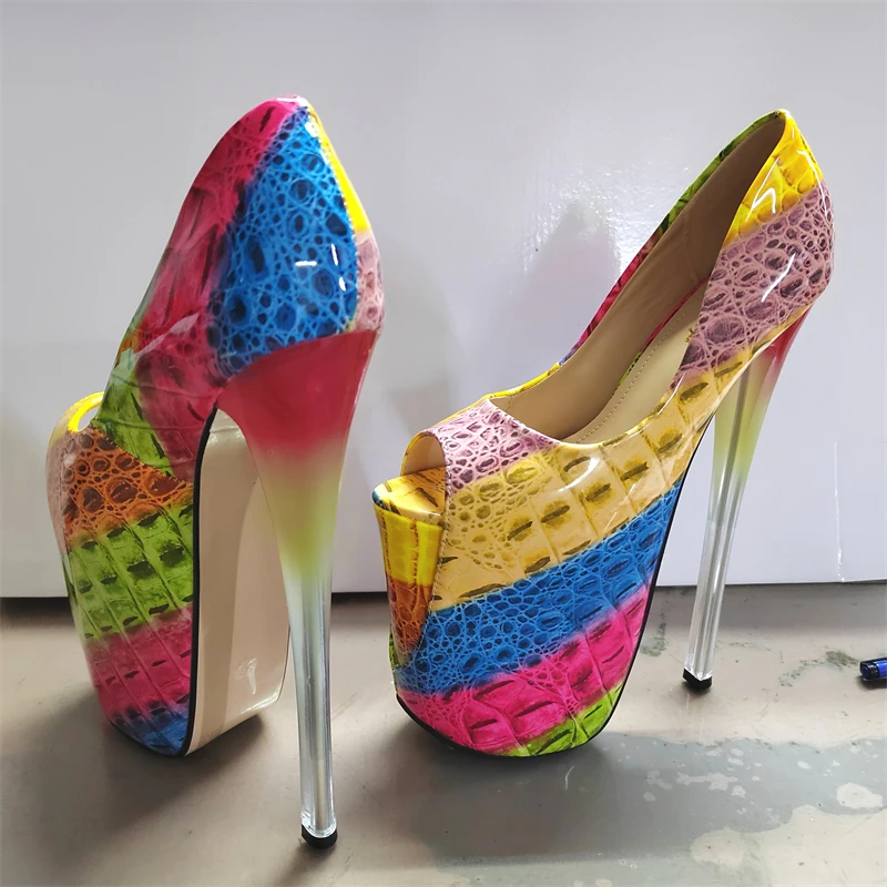 

Сексуальные туфли на экстремально высоком каблуке 22 см, женские платформы, роскошные разноцветные туфли на каблуке, с открытым носком, большие размеры, для стриптиза, фетиш, свадебные туфли