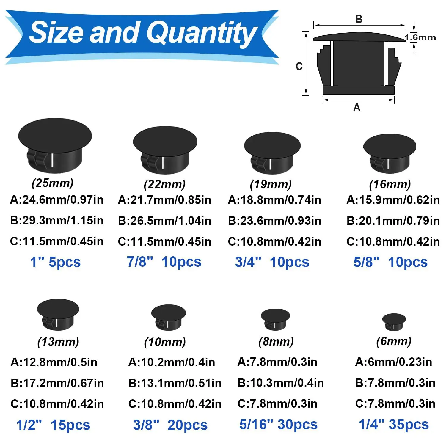 135pcs Plastic Hole Plugs 6mm-25mm Assorted Black Door Screw Covers Caps-Snap Type Insert Washer Lock Button Plug Kit