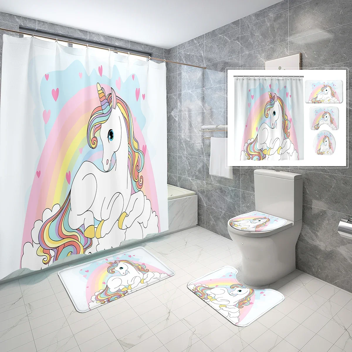 Cartoon Unicorn Shower Curtain Sets Girls Cute Illustration 4 Pcs Non-slip Bath Mat Toilet Lid Waterproof Shower Curtain Set