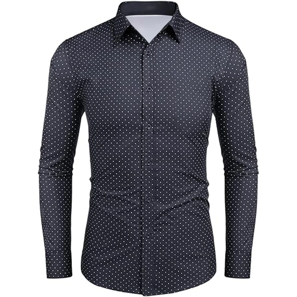 

Mens Shirt For All Seasons Formal Lapel Long Sleeve Polka Dots Polyester Regular Shirt Band Collar Button Down