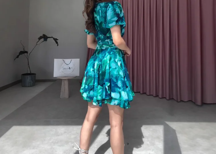 Elegant Party Dresses Woman V-Neck Slim Fit Short Sleeved French Flower Print A-Line Dress Women's Summer Elegant A-Line Dress