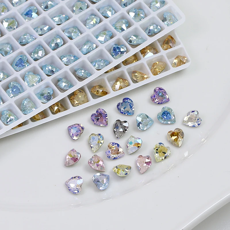 Crystal Fancy Stone for Nail Art, Heart Shape Effect, Glitter Pointback, DIY Jewelry Making, Color K9, 6.5x6mm